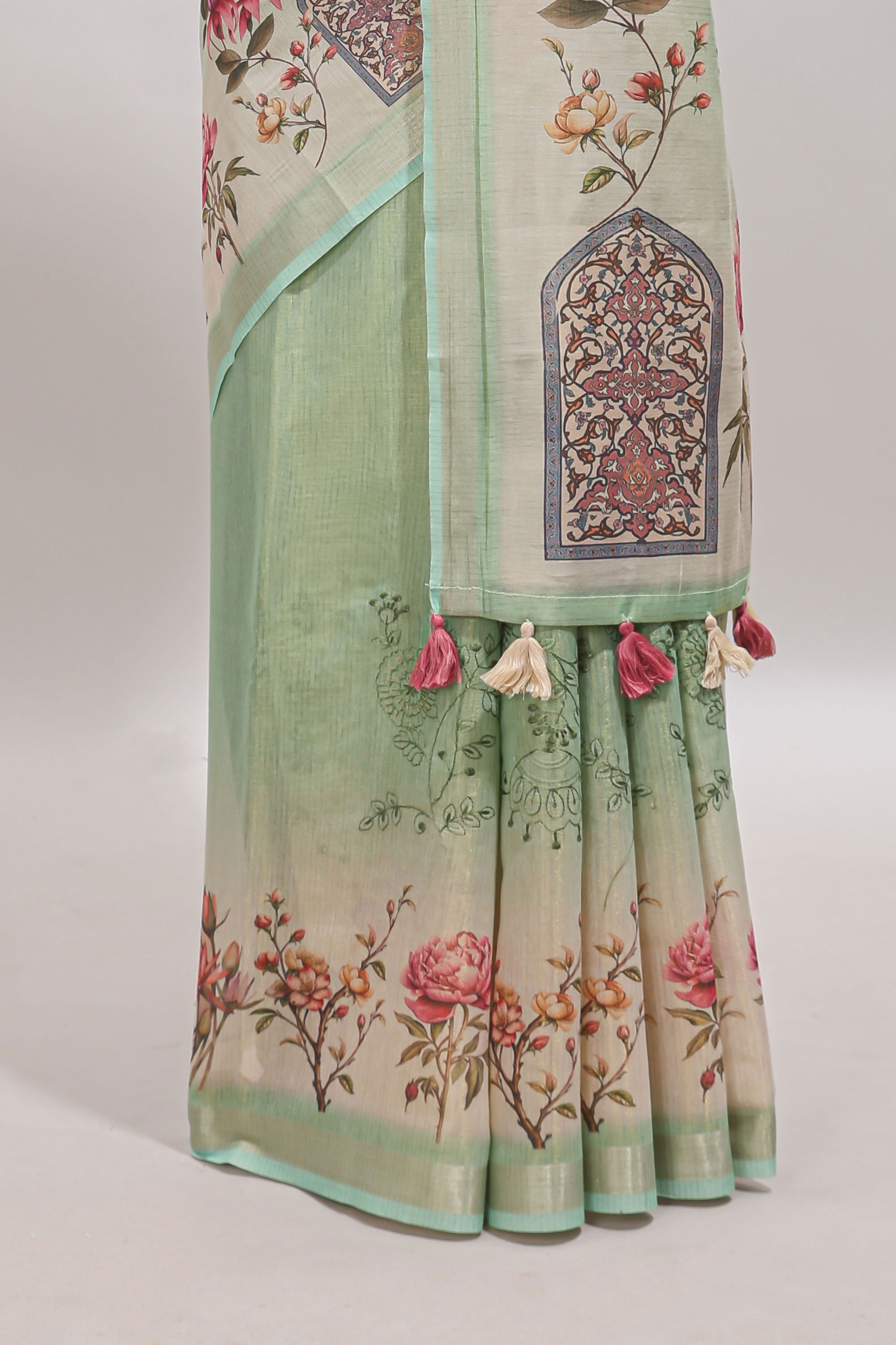 Green floral design linen cotton saree with self zari border and matching printed blouse