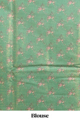 Green floral design linen cotton saree with self zari border and matching printed blouse