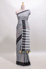 Grey thread butta linen cotton saree with contrast border and striped pallu