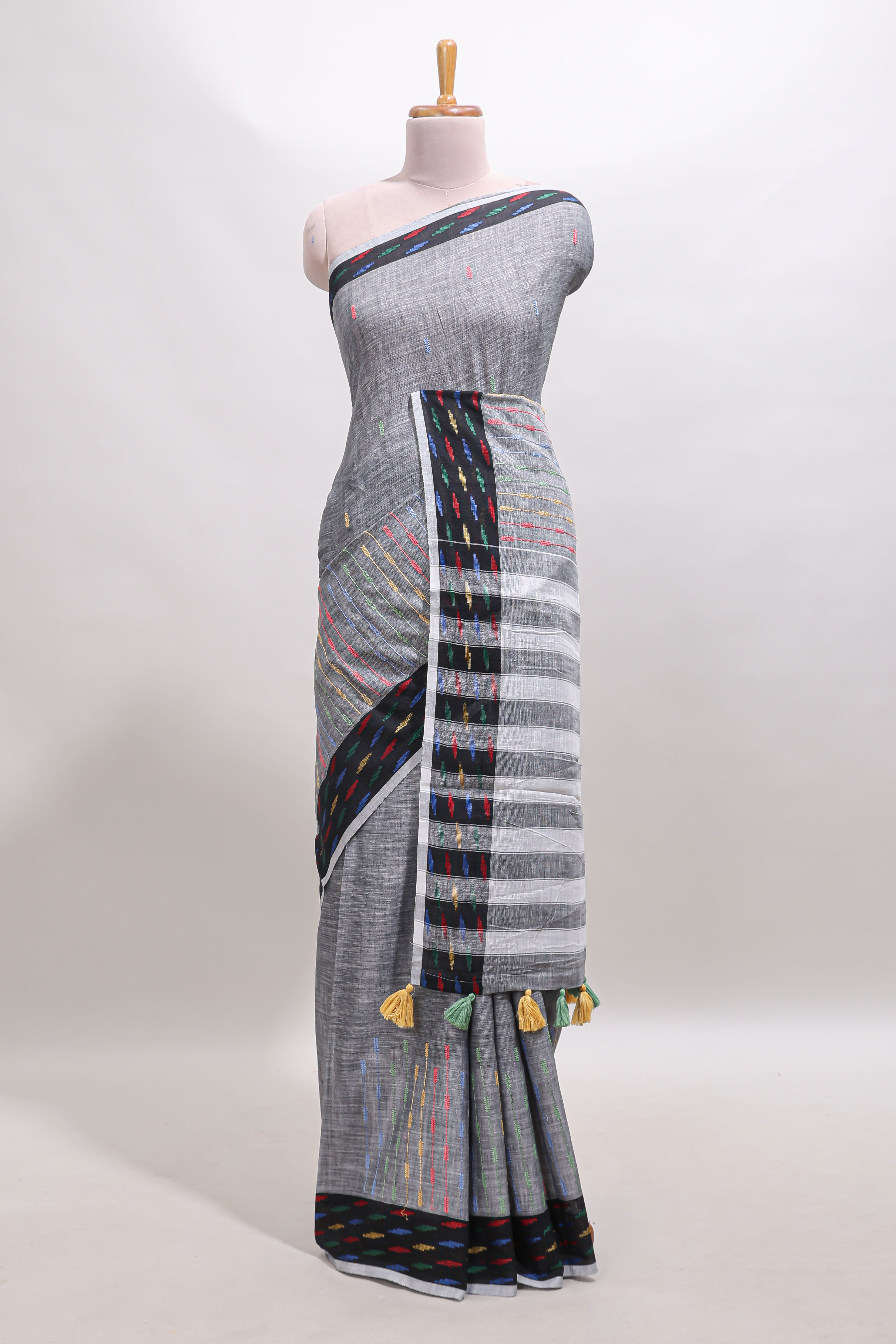 Grey thread butta linen cotton saree with contrast border and striped pallu