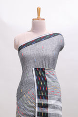 Grey thread butta linen cotton saree with contrast border and striped pallu