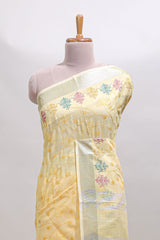 Yellow embroidery floral design linen cotton saree with self zari border and matching blouse