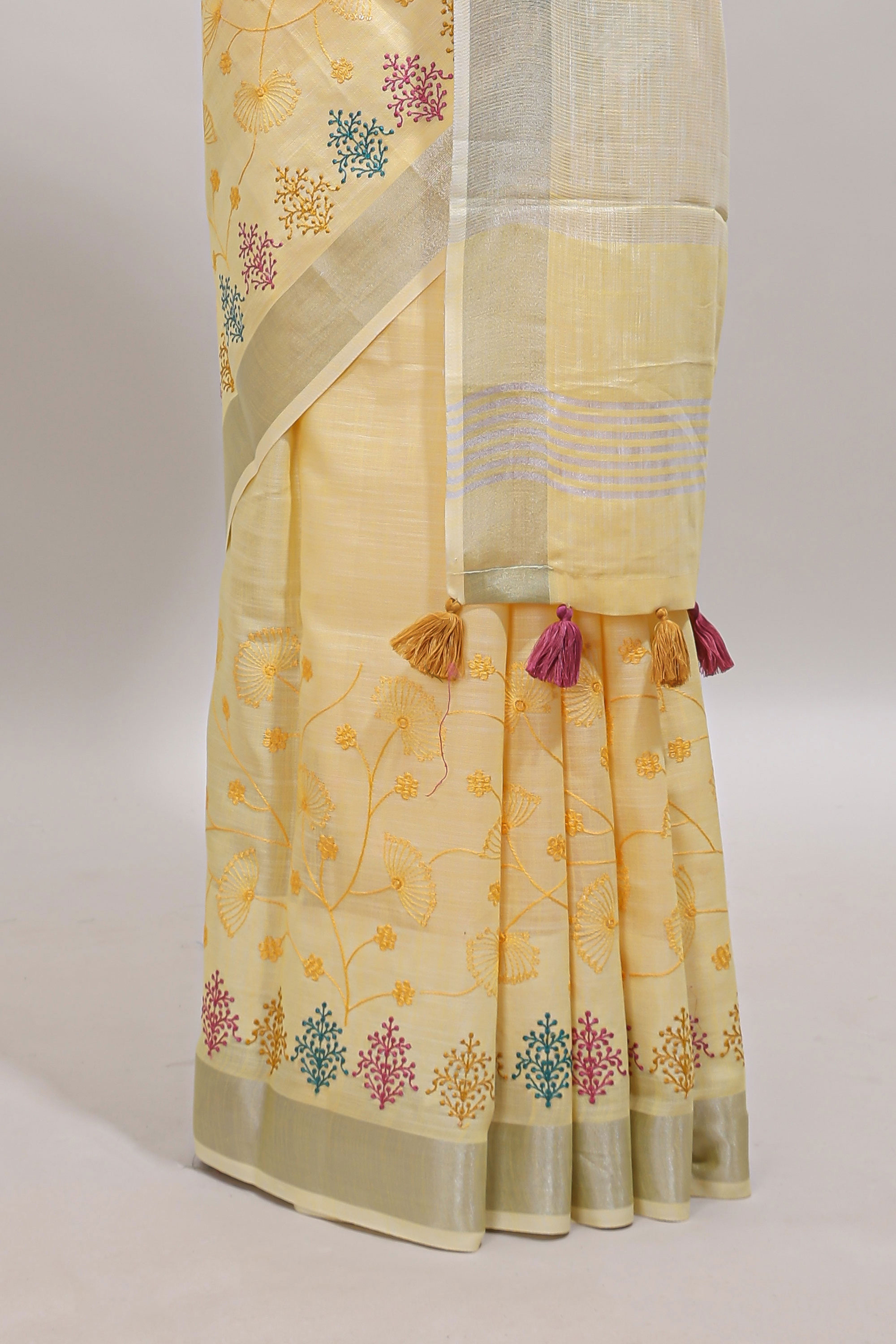 Yellow embroidery floral design linen cotton saree with self zari border and matching blouse