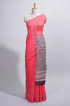 Coral pink linen cotton saree withsequin details striped and geometric zigzag pallu with scallop border along with striped blouse