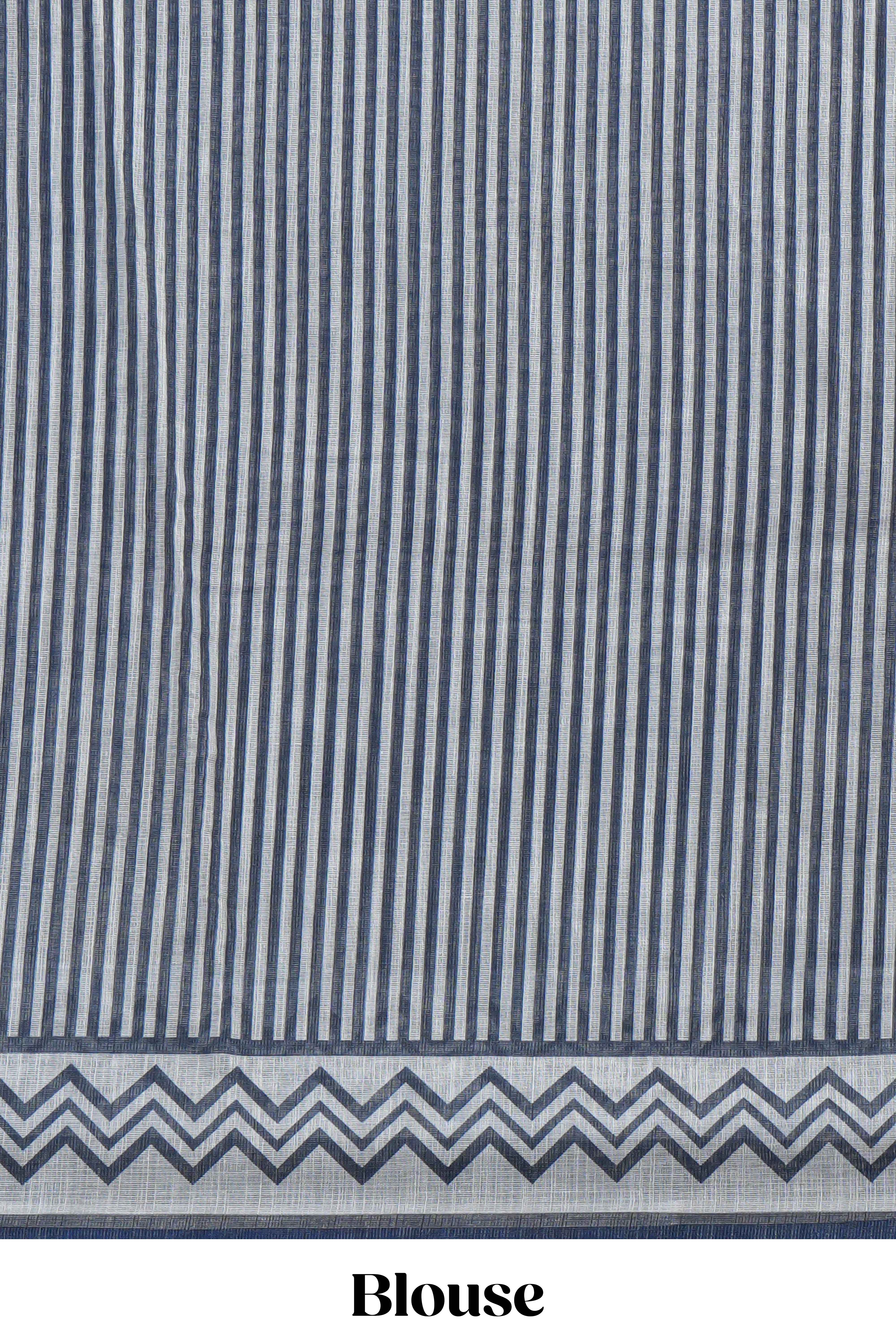 Blue linen cotton saree withsequin details striped and geometric zigzag pallu with scallop border along with striped blouse
