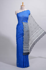 Royal blue linen cotton saree withsequin details striped and geometric zigzag pallu with scallop border along with striped blouse