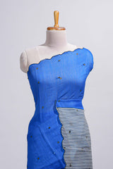 Royal blue linen cotton saree withsequin details striped and geometric zigzag pallu with scallop border along with striped blouse