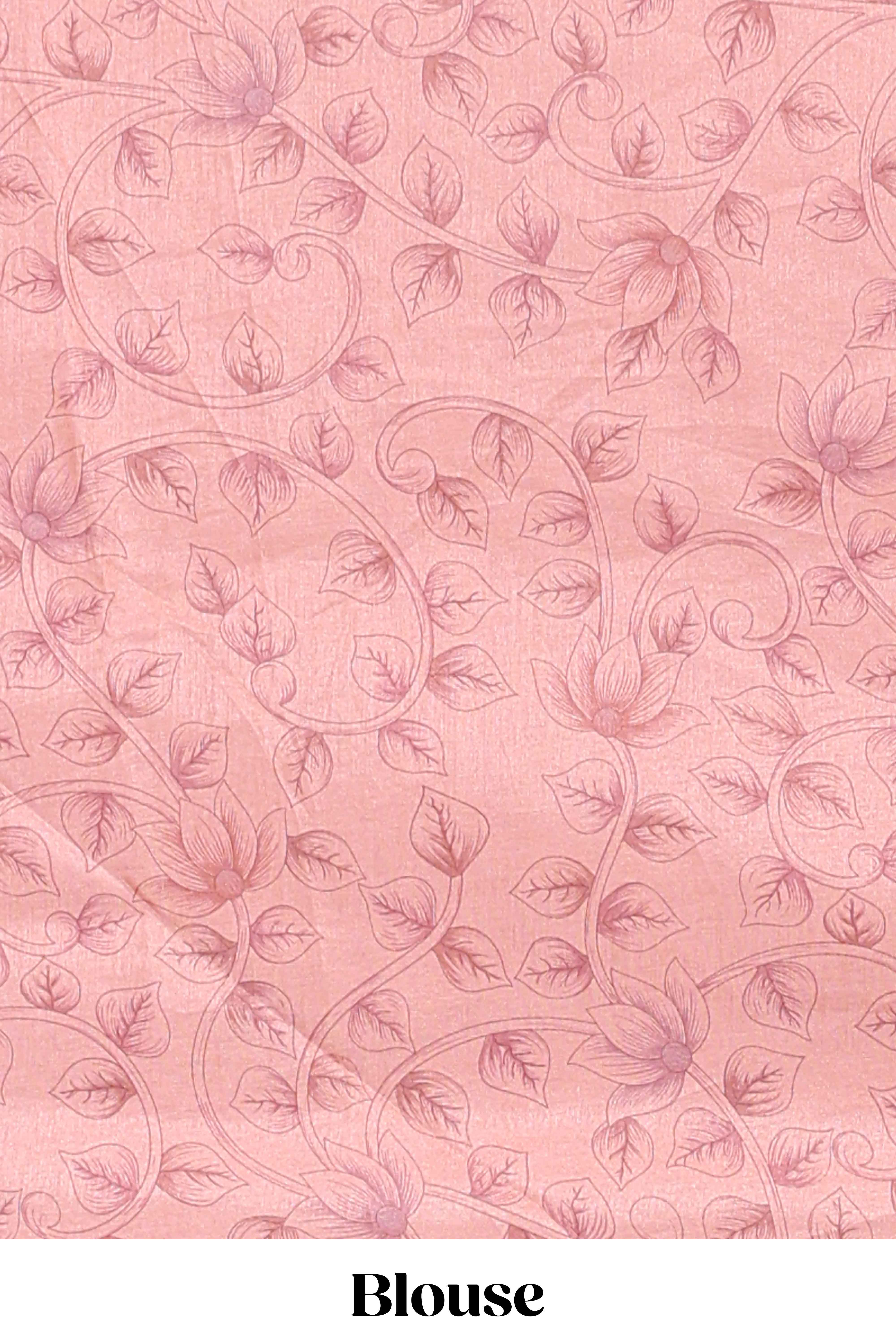 Cream floral design linen cotton saree with self zari border and contrast printed blouse