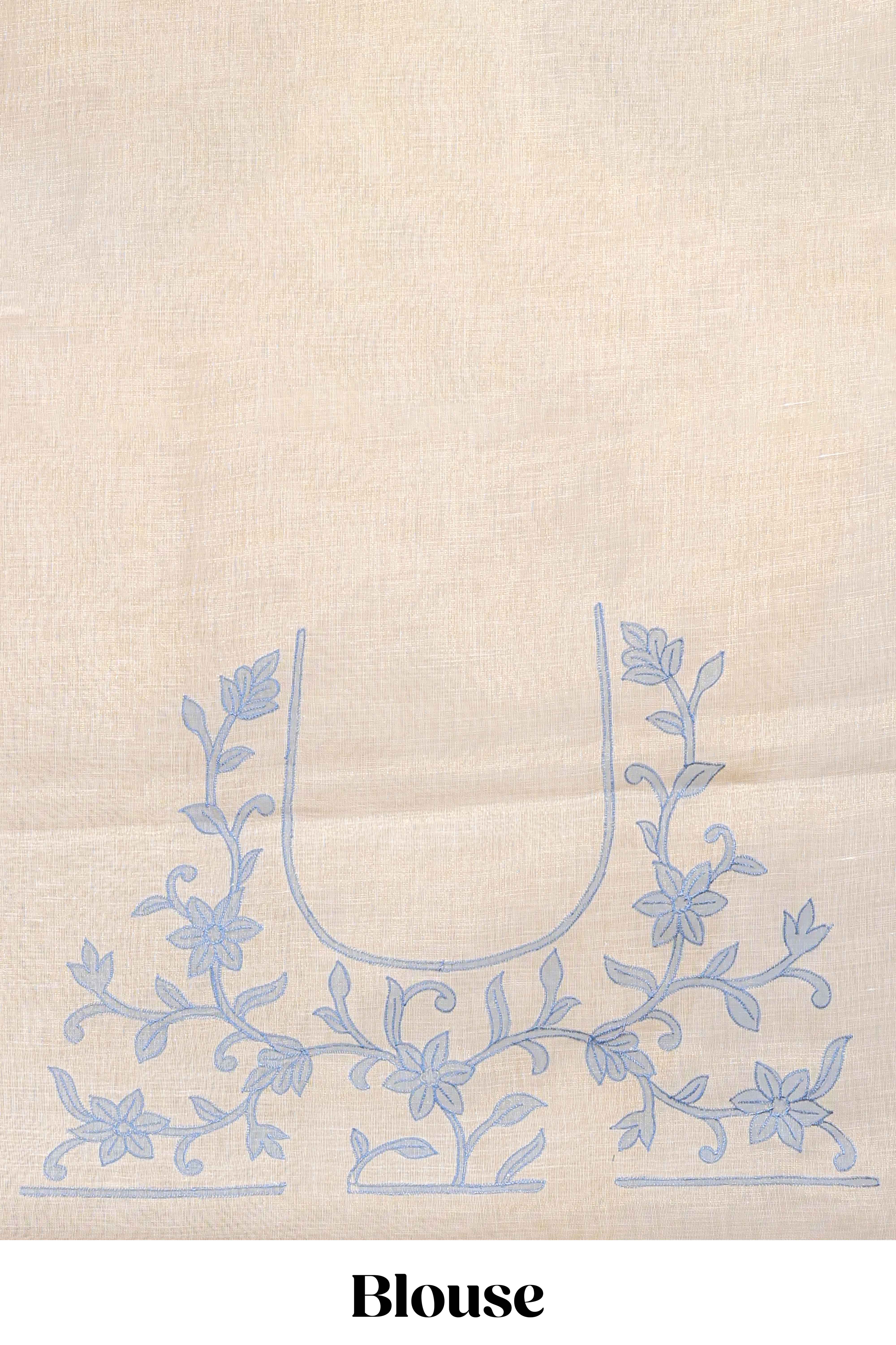 Cream floral design linen cotton saree with self zari border and matching printed blouse