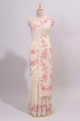 Cream floral design linen cotton saree with self zari border and matching printed blouse