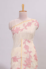 Cream floral design linen cotton saree with self zari border and matching printed blouse