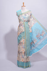 Pastel blue and beige linen cotton saree with animal motifs striped zari border and printed pallu with tassel along with contrast blouse