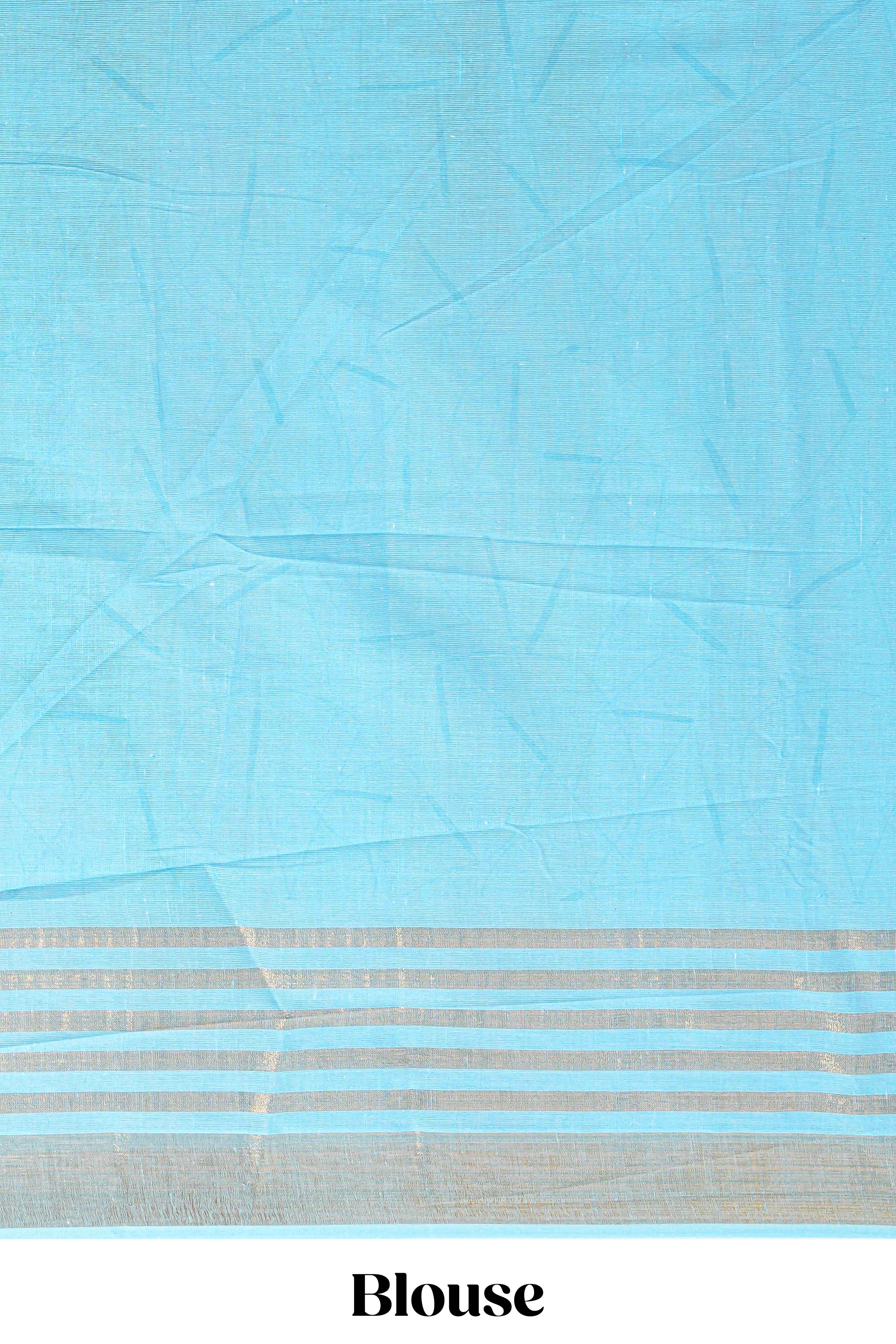 Pastel blue and beige linen cotton saree with animal motifs striped zari border and printed pallu with tassel along with contrast blouse