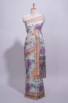 Ivory colour linen saree floral prints with pastel accents by a subtle gold zari border and printed pallu with tassel along with printed blouse