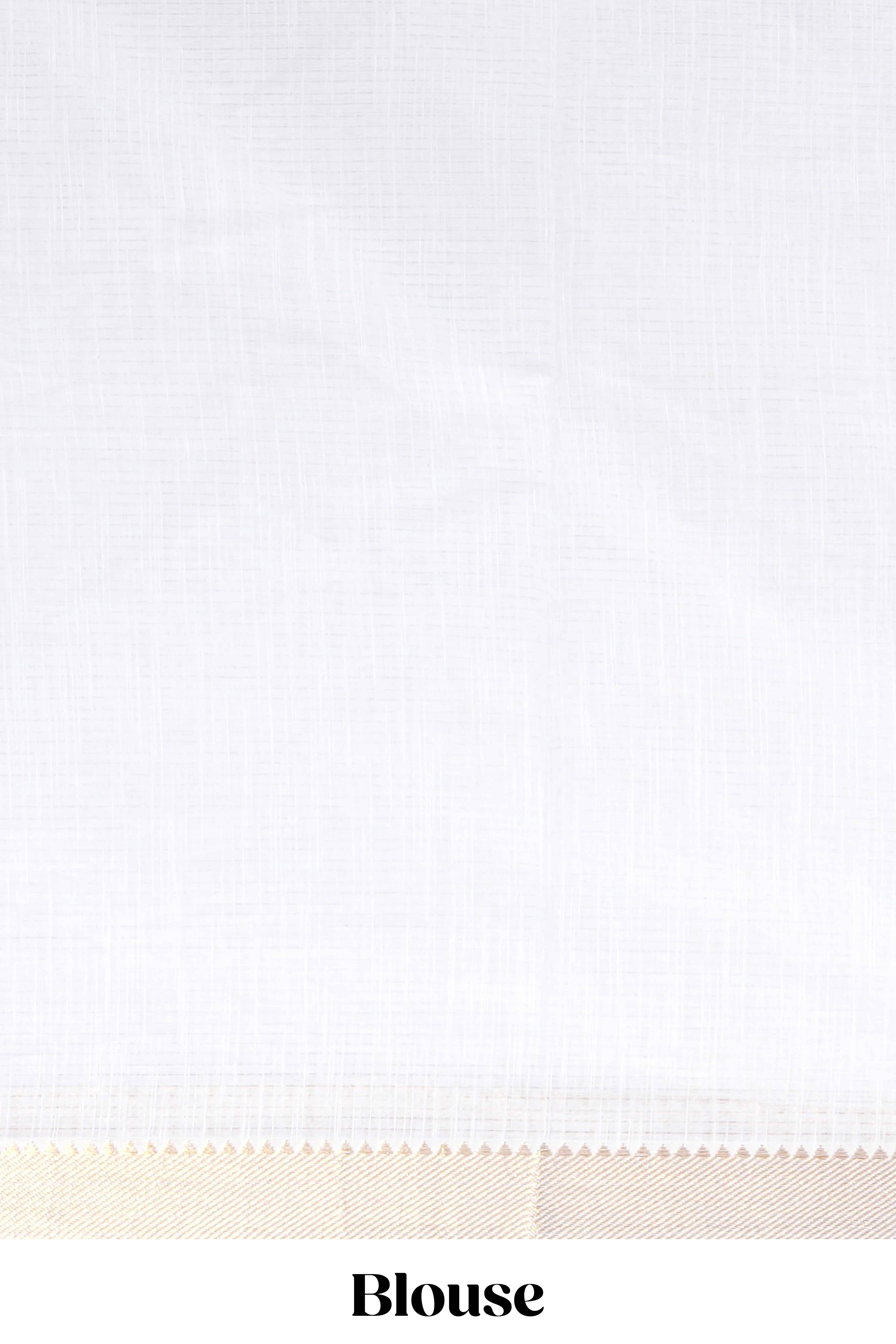 White linen saree delicate floral prints with pastel accents by a subtle gold zari border andstriped pallu with tasselalong with self blouse