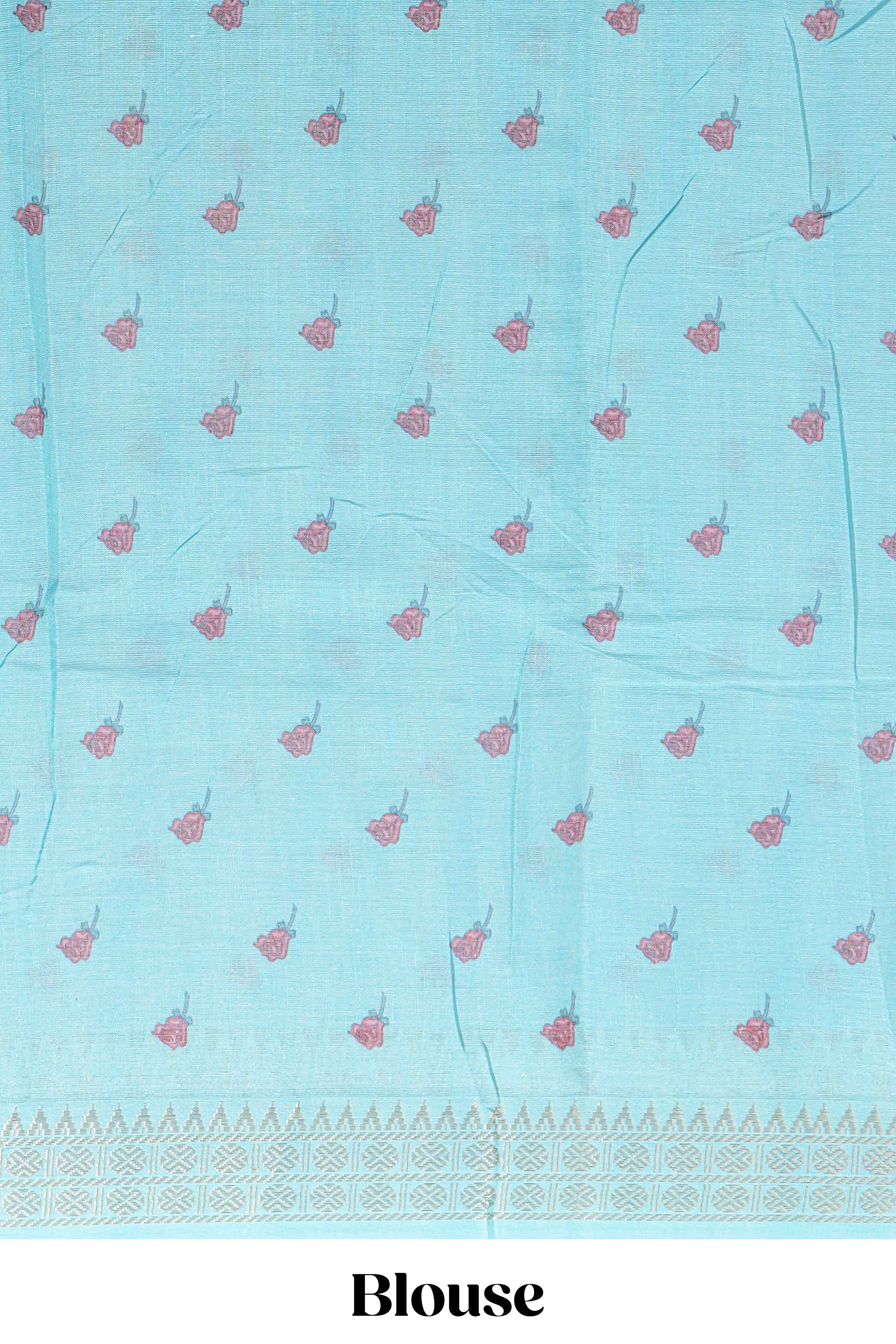 Elegant linen cotton saree with multicolourfloral vine print with a contrast border and printed pallu along with printed blouse