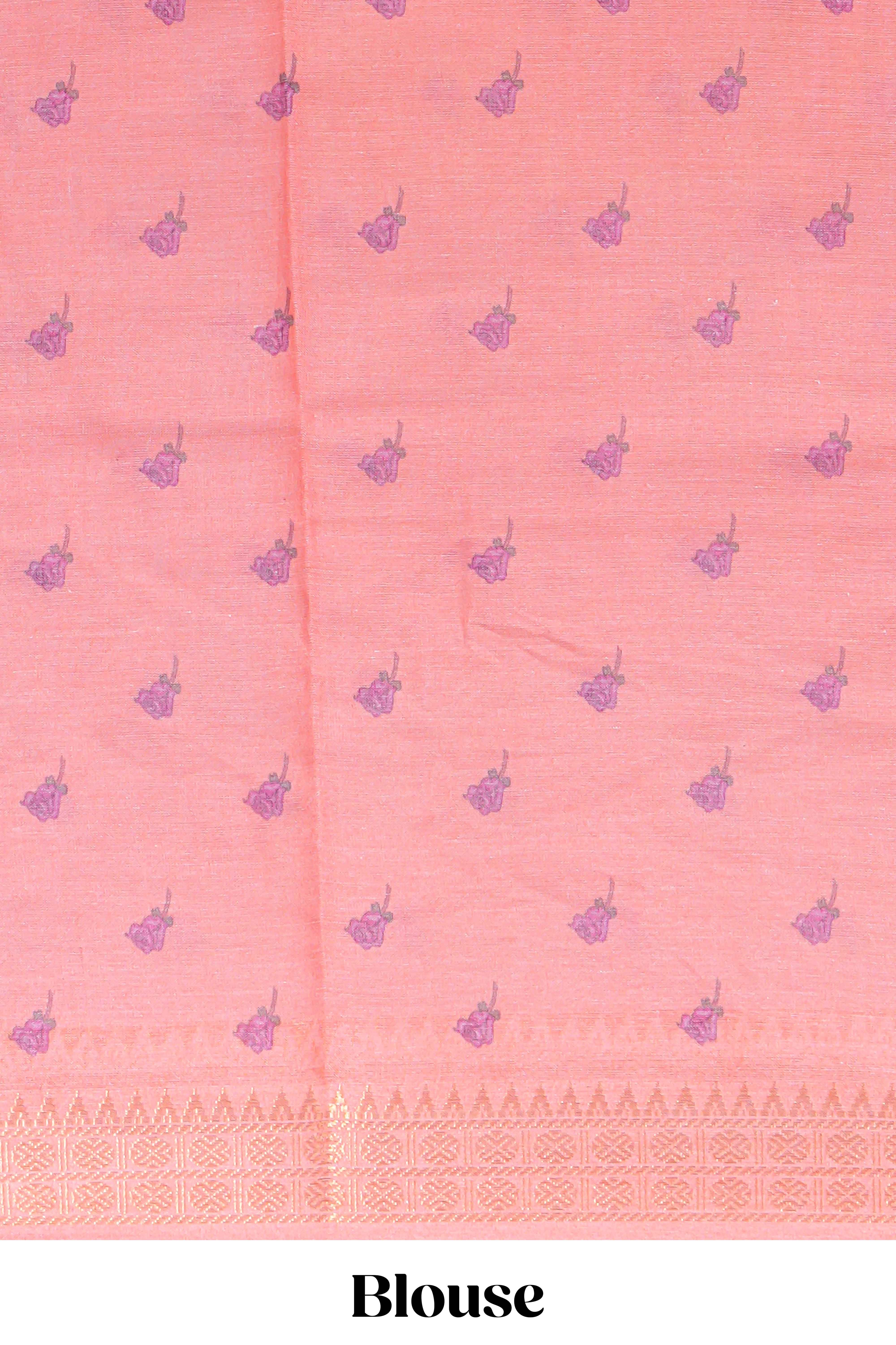 Ivory with orange linen cotton saree with multicolourfloral vine print with a contrast border and printed pallu along with printed blouse