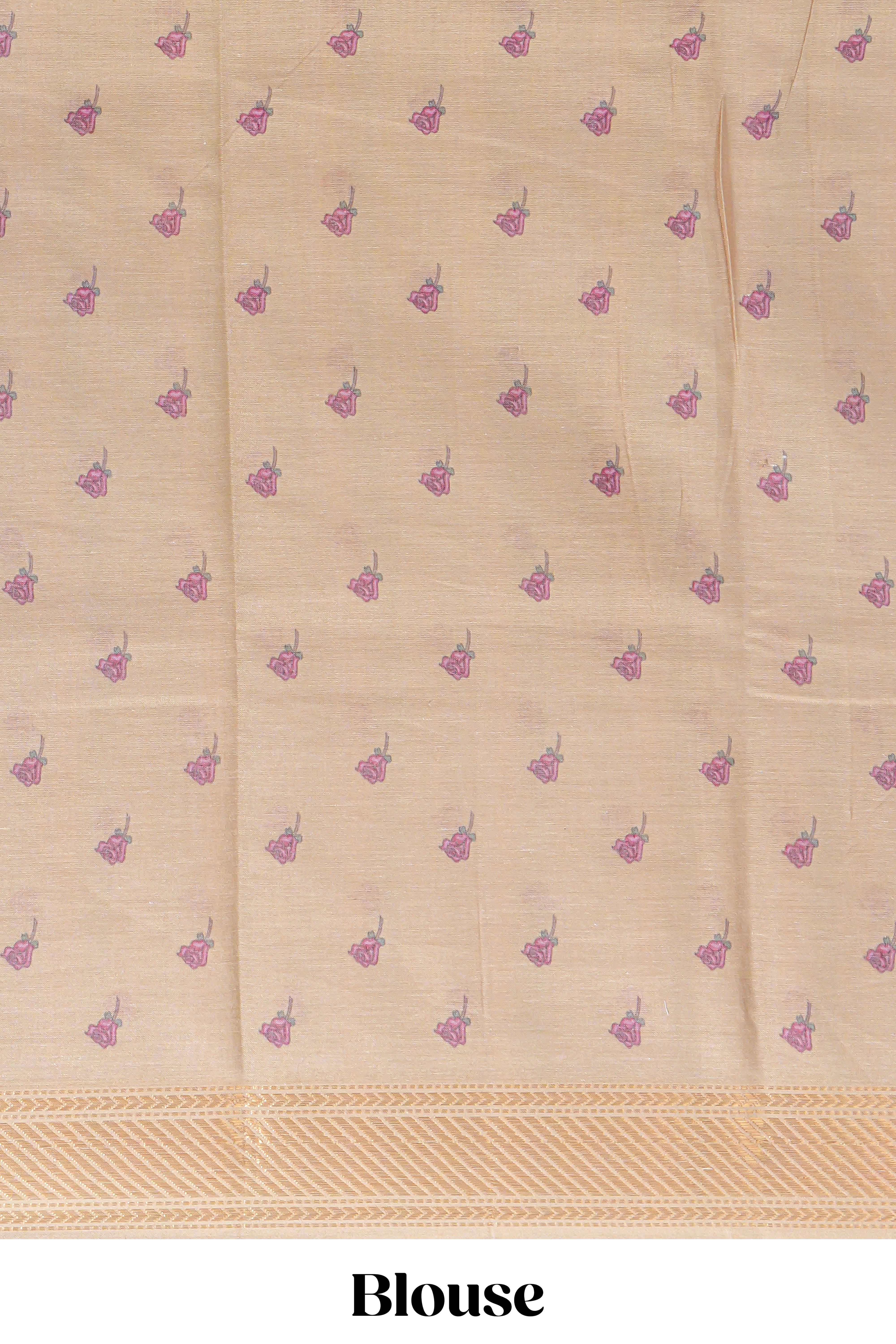 Ivory with yellow linen cotton saree with multicolourfloral vine print with a contrast border and printed pallu along with printed blouse