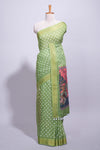 Green linen saree white polka dot pattern all over the body and self zari border with printed pallu along with printed blouse