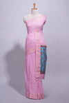 Pink linen saree white polka dot pattern all over the body and self zari border with printed pallu along with printed blouse