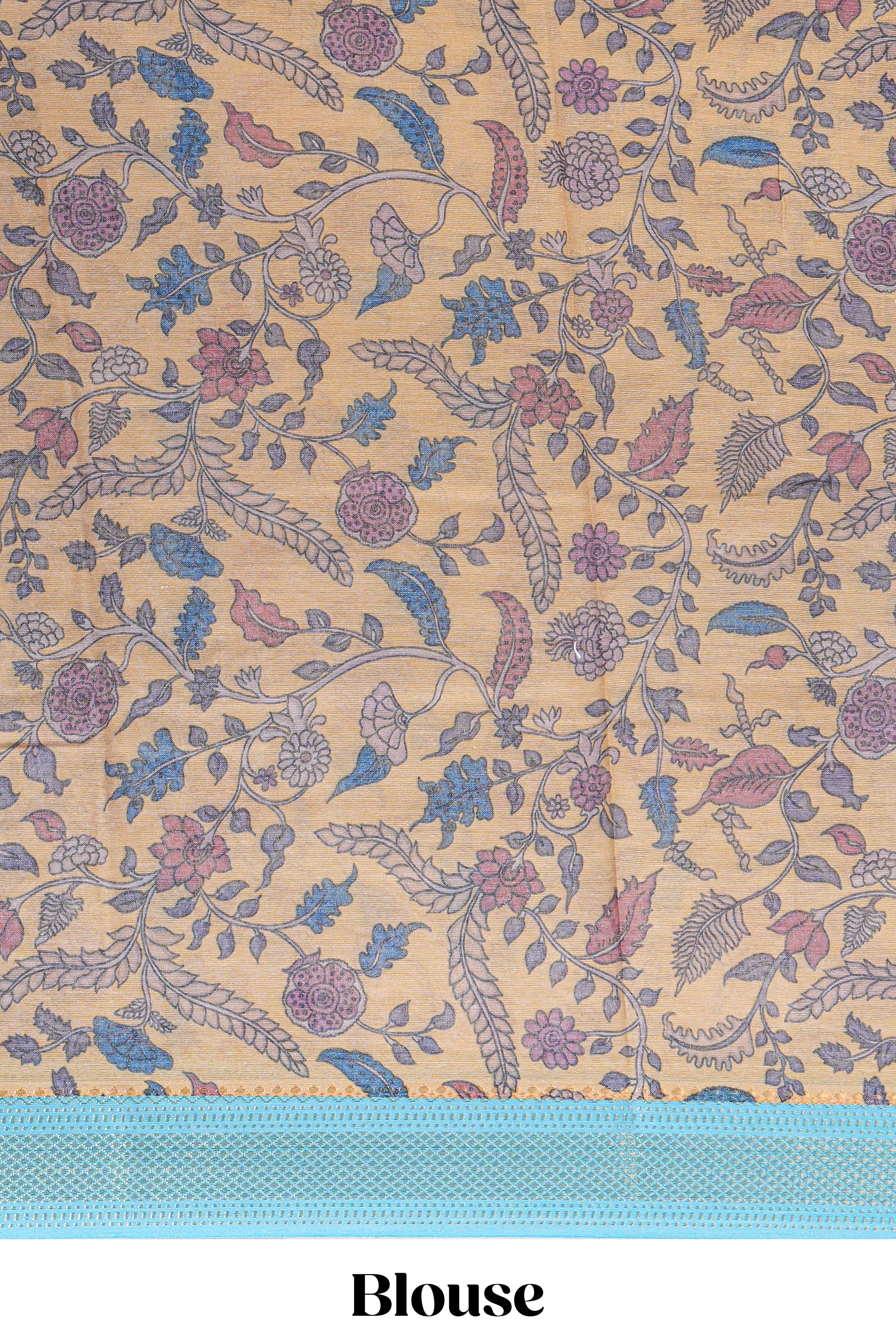 Blue linen saree white polka dot pattern all over the body and self zari border with printed pallu along with printed blouse