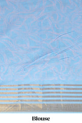 Pastel blue and ivory linen cotton saree with animal motifs striped zari border and printed pallu with tassel along with contrast blouse
