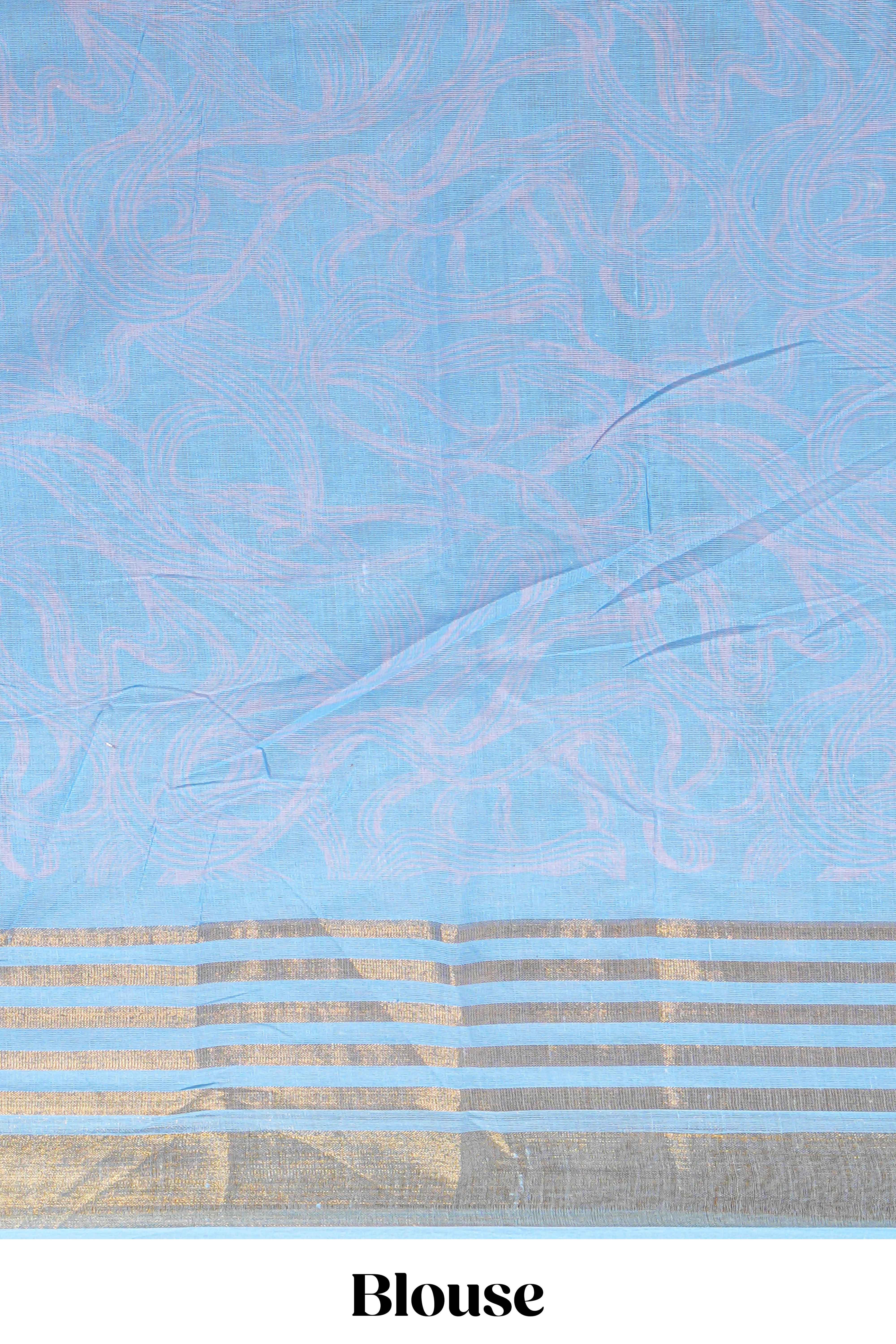 Pastel blue and ivory linen cotton saree with animal motifs striped zari border and printed pallu with tassel along with contrast blouse