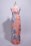 Lavender linen saree withbodyfloral and traditional motifs with a contrastingpallu striped zari border and tassel along with contrast blouse