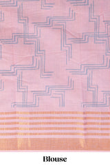 Lavender linen saree withbodyfloral and traditional motifs with a contrastingpallu striped zari border and tassel along with contrast blouse