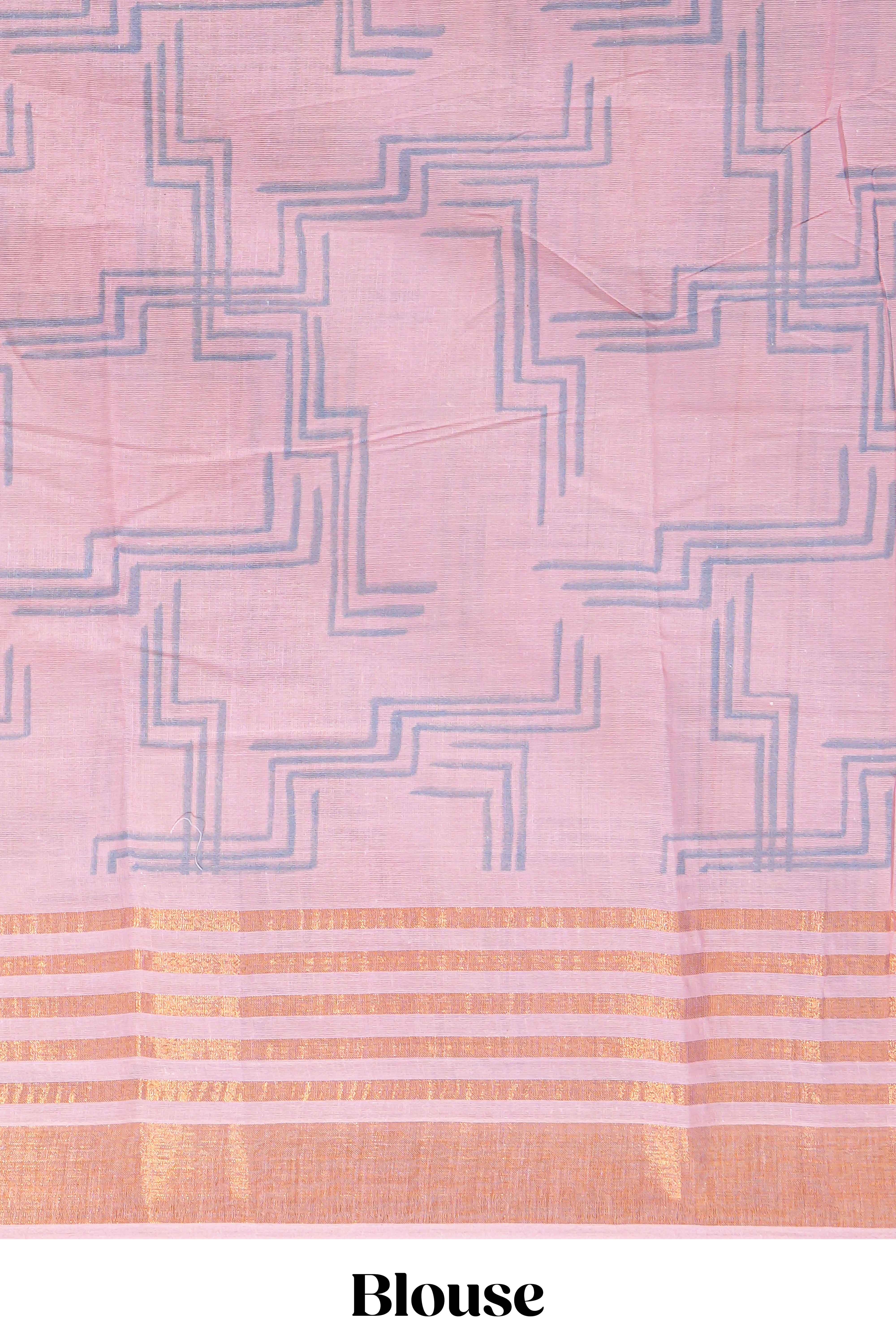 Lavender linen saree withbodyfloral and traditional motifs with a contrastingpallu striped zari border and tassel along with contrast blouse