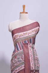 Maroon linen saree with vertical stripe patterns and traditional floral artistic motifs with intricate printed borders along with contrast blouse piece