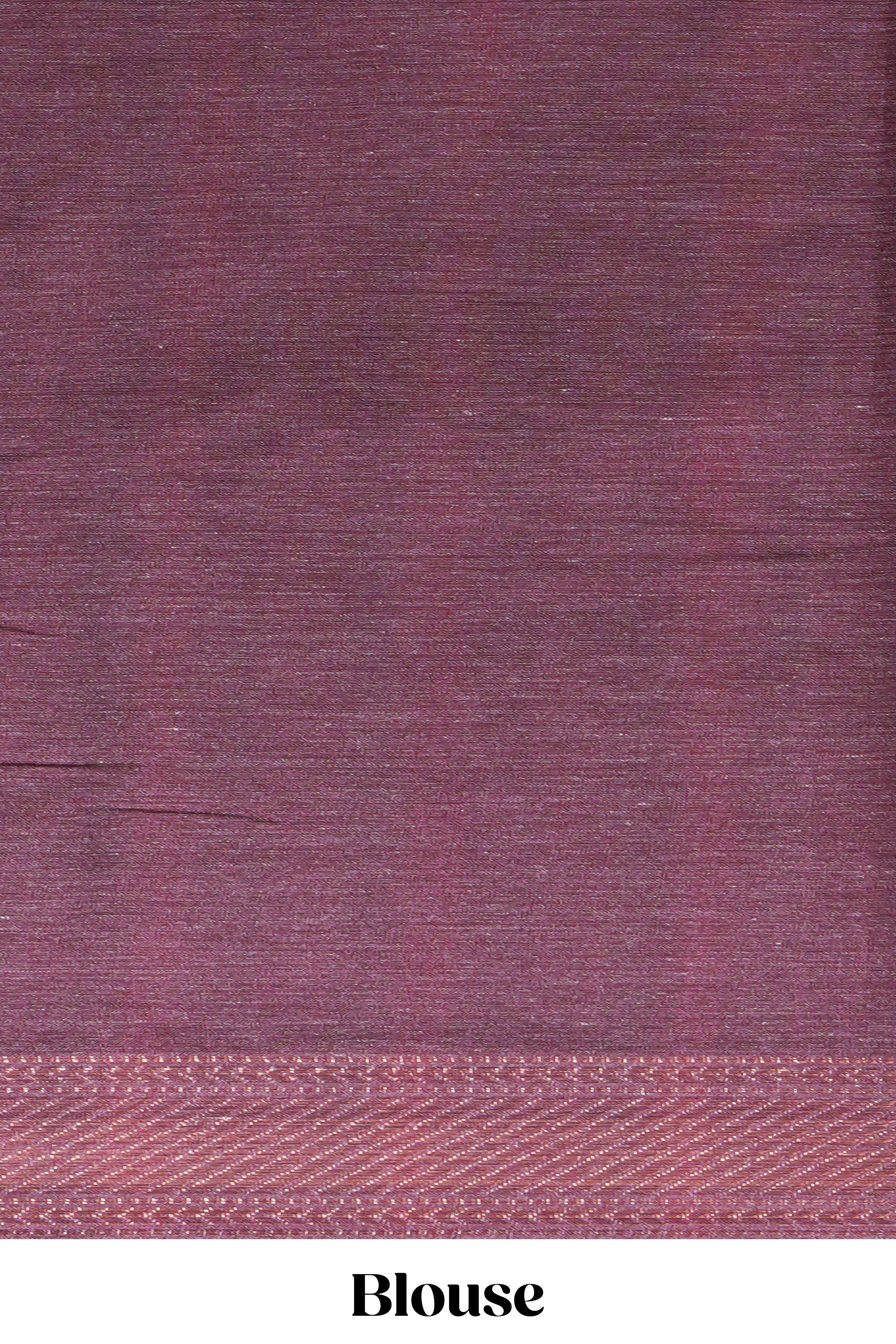 Maroon linen saree with vertical stripe patterns and traditional floral artistic motifs with intricate printed borders along with contrast blouse piece