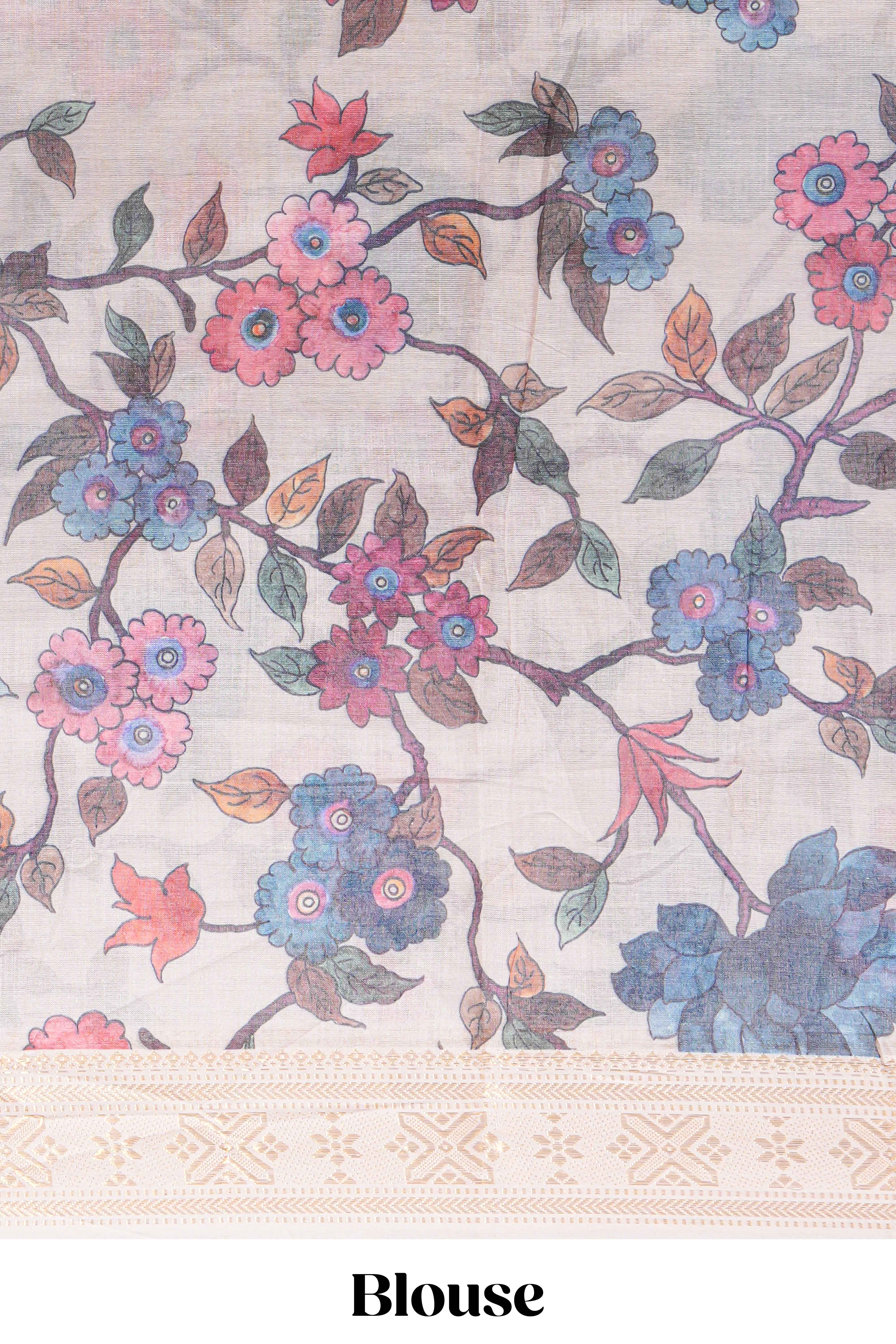 Linen saree with a blue with beige featuring floral patterns with a contrastfloral printed pallu and zari border with tassel