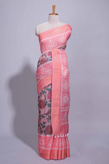 Linen saree with a pink colourfeaturing floral patterns with a contrastfloral printed pallu and zari border with tassel along with contrast blouse