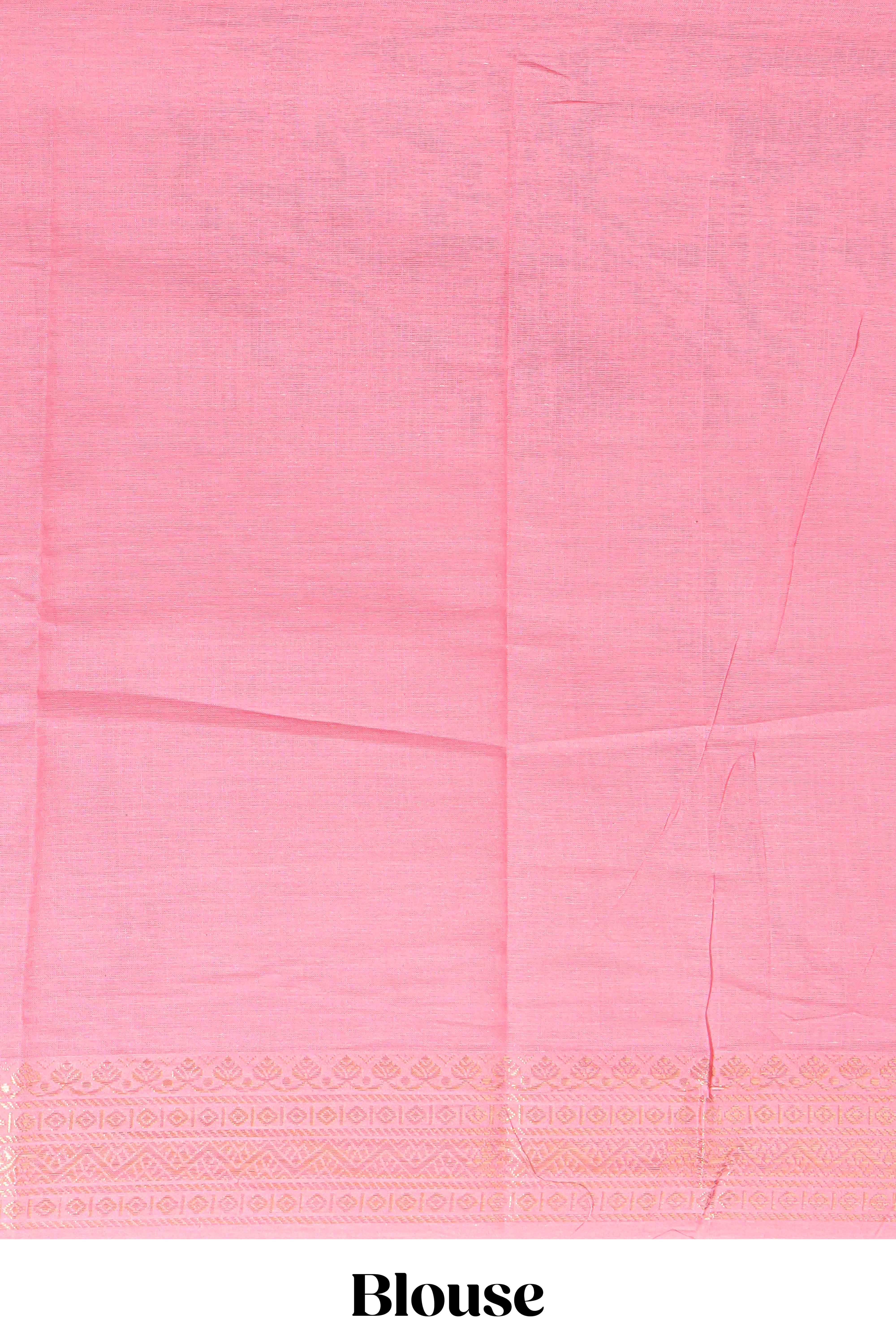 Linen saree with a pink colourfeaturing floral patterns with a contrastfloral printed pallu and zari border with tassel along with contrast blouse