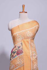 Linen saree with a orange colourfeaturing floral patterns with a contrastfloral printed pallu and zari border with tassel along with contrast blouse