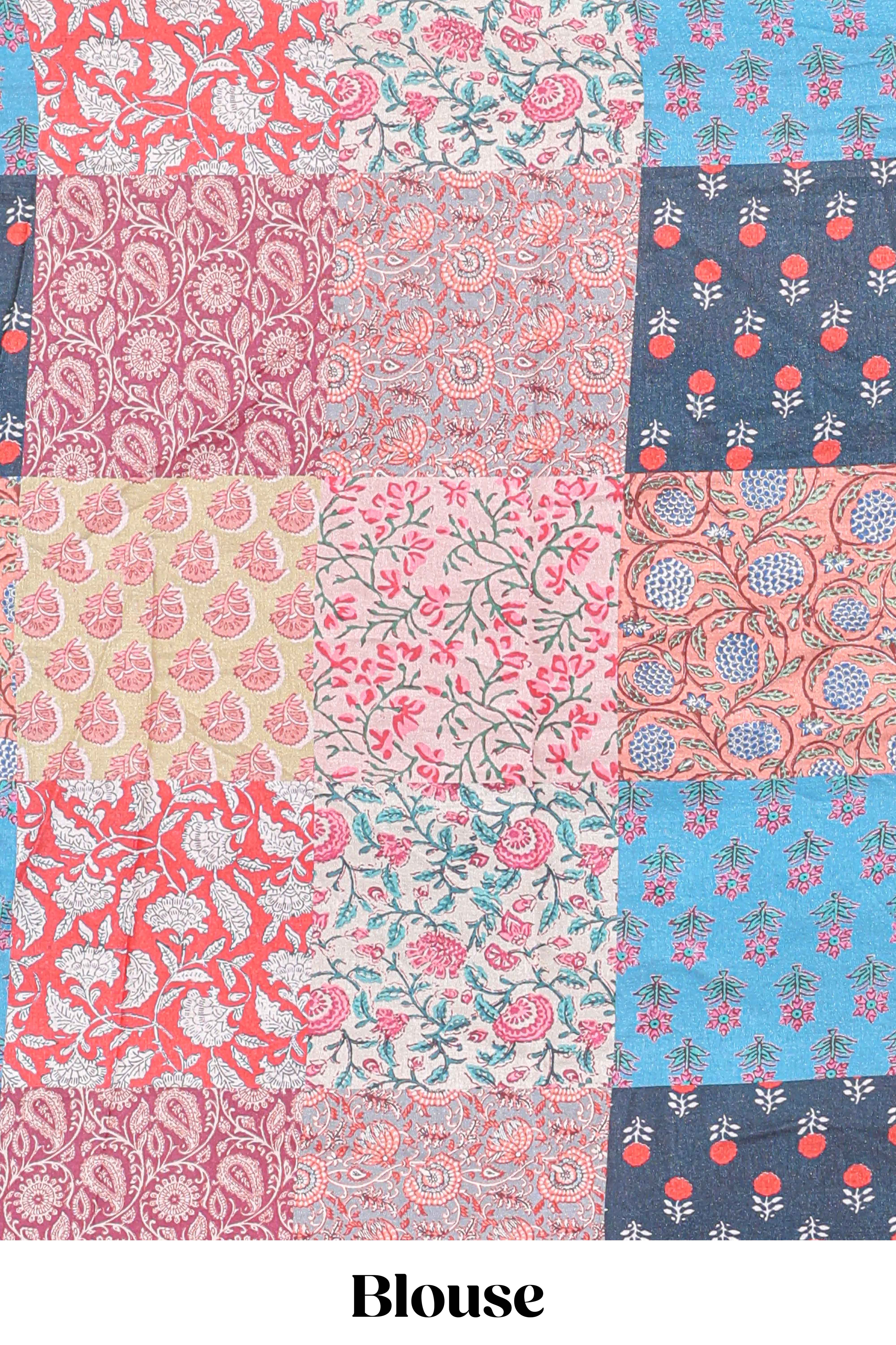 Rani pink with mirror worklinen cotton saree with patch work styleprinted blouse