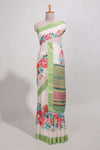 plainlinen cotton saree with floral printed border andfloral buttaprinted blouse