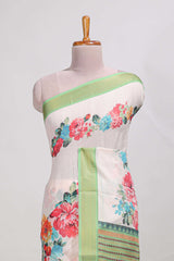 plainlinen cotton saree with floral printed border andfloral buttaprinted blouse