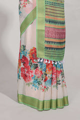 plainlinen cotton saree with floral printed border andfloral buttaprinted blouse