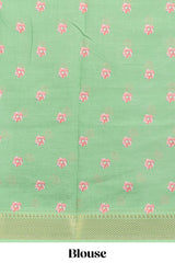 plainlinen cotton saree with floral printed border andfloral buttaprinted blouse