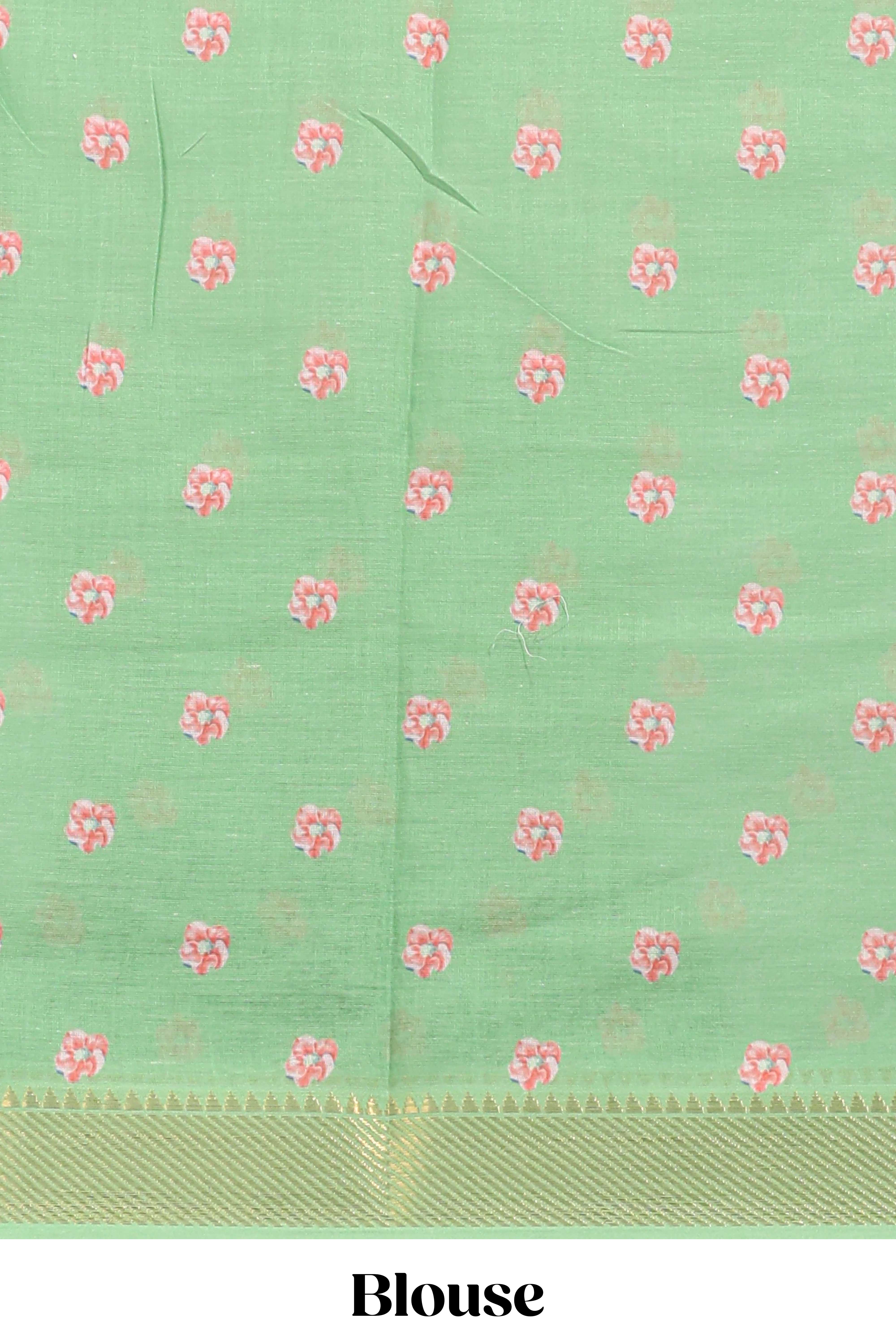 plainlinen cotton saree with floral printed border andfloral buttaprinted blouse