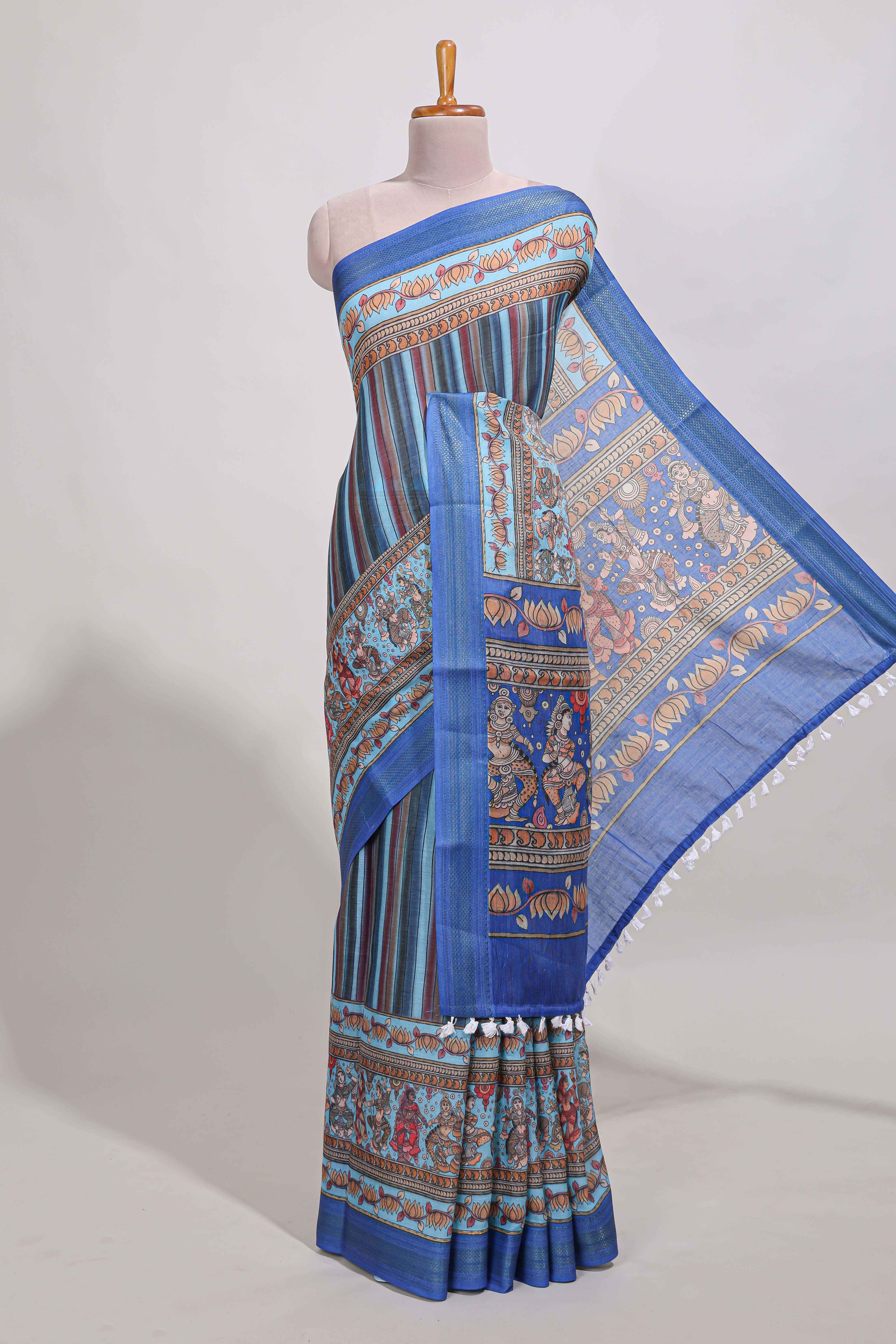 Bluelinen cotton saree chevron printed with floral printed border and plain blouse