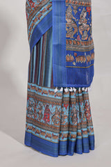 Bluelinen cotton saree chevron printed with floral printed border and plain blouse