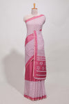 White and pink geomentric printed linen cotton saree with matching blouse and printed pallu