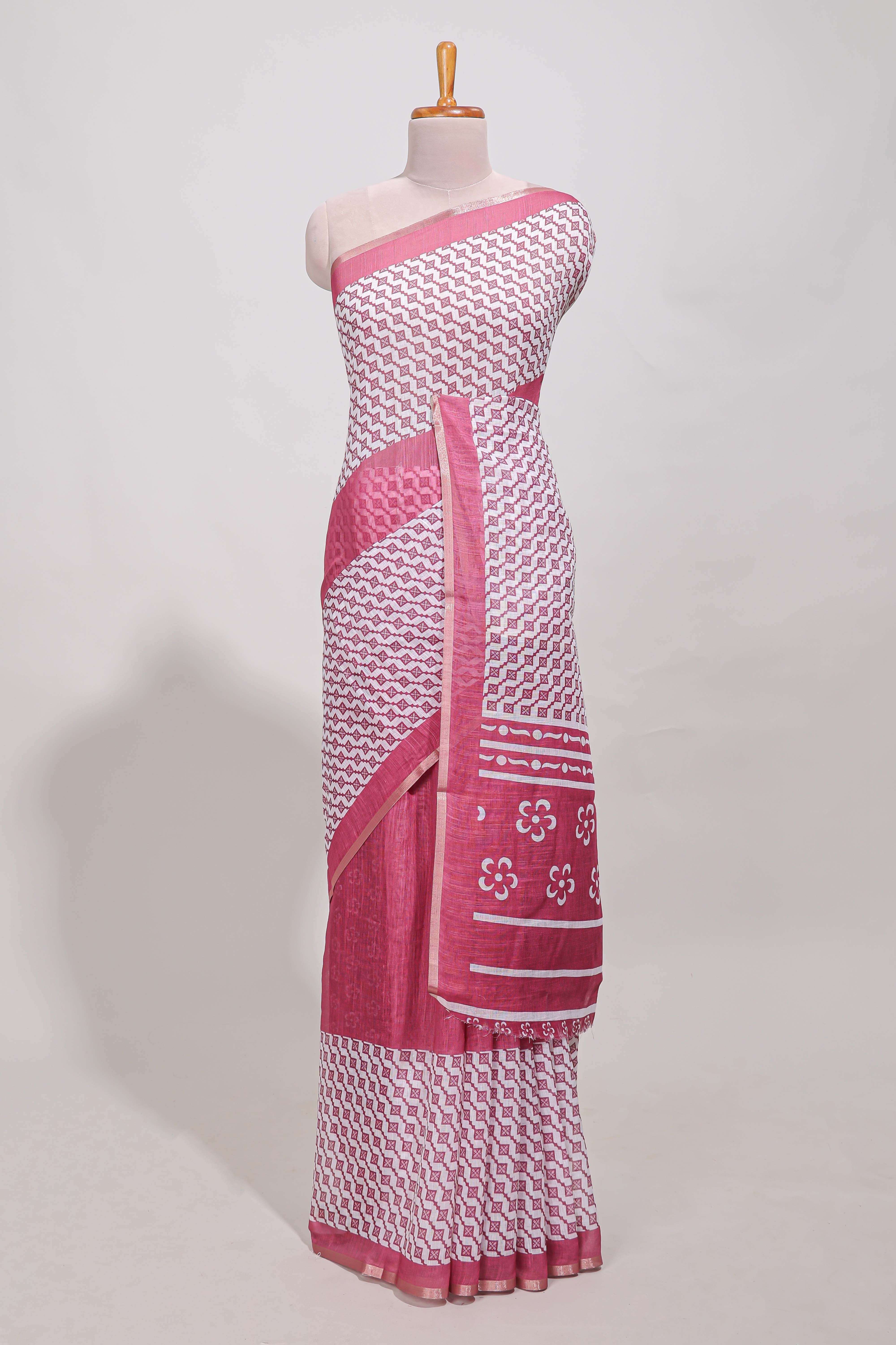 White and pink geomentric printed linen cotton saree with matching blouse and printed pallu
