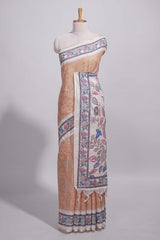 Beige color linen saree with floral and geometric prints multicolour floral border andprinted pallu with tassels with a contrast blouse piece