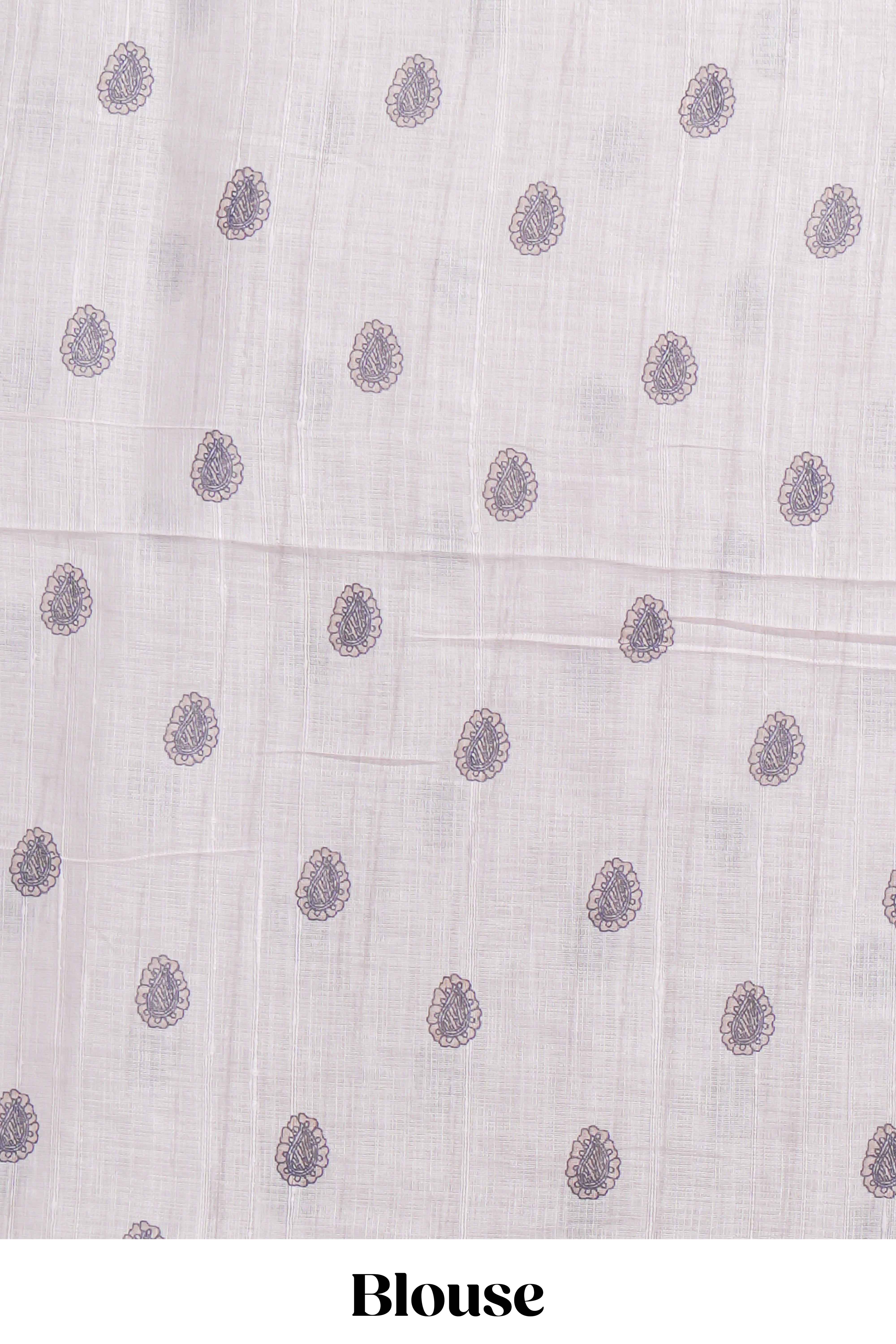 Lavender color linen saree with floral and geometric prints multicolour floral border andprinted pallu with tassels with a contrast blouse piece