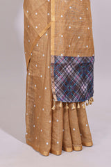 Sandal round motifs linen saree with self zari border and contrast checked blouse