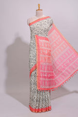 Cream warli design linen cotton saree with contrast zari border and contrast printed blouse